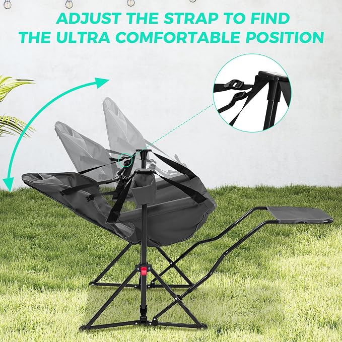 Ainfox Hammock Camping Chair with Footrest, Foldable Portable Rocking Chairs for Adults Outside Swinging Camp with Cup Holder Pillow for Outdoor Patio Poolside (Light Grey)