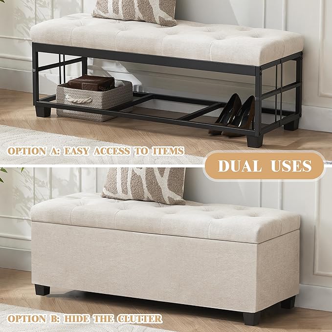 Mangodan 43 Inch Linen Storage Ottoman Bench, Foot Rest with Legs, End of Bed Bench, Storage Chest, Load up to 660 Lb, Ottoman with Storage Bench for Living Room, Bedroom, Entryway (Light Beige)