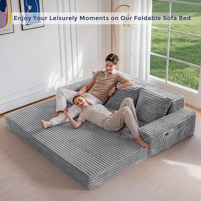 MAXYOYO Loveseat Sofa Bed, Striped Faux Fur Foldable Floor Sofa Couch in A Box, 4 in 1 Convertible Boneless Couch with 2 Cup Holders, Folding Recliner Sleeper Chair, No Assembly Required, Grey