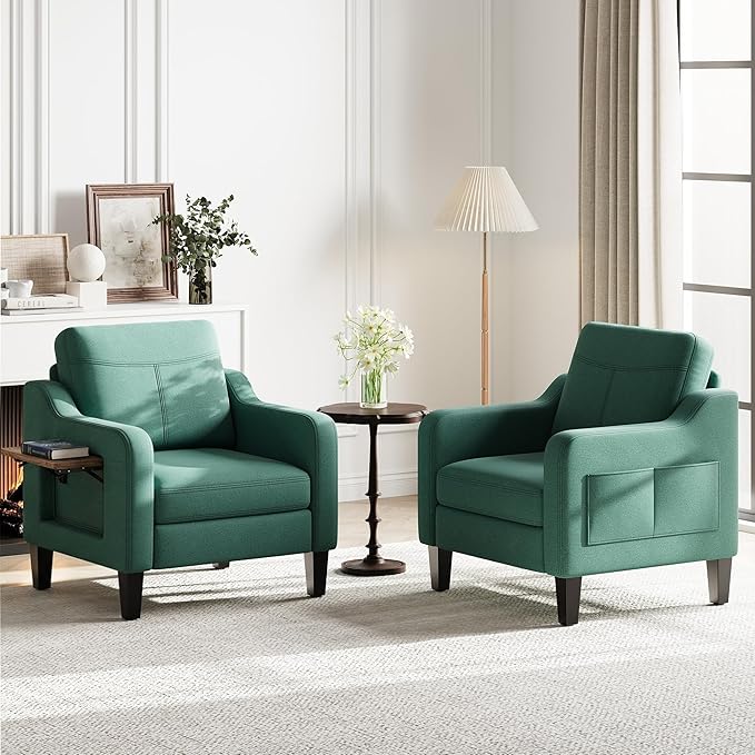 Accent Chair for Living Room Modern Linen Upholstered Armchair Side Wooden Fabric Sofa Chair with Foldable Table 2 Side Pockets Comfy Reading Chair for Bedroom