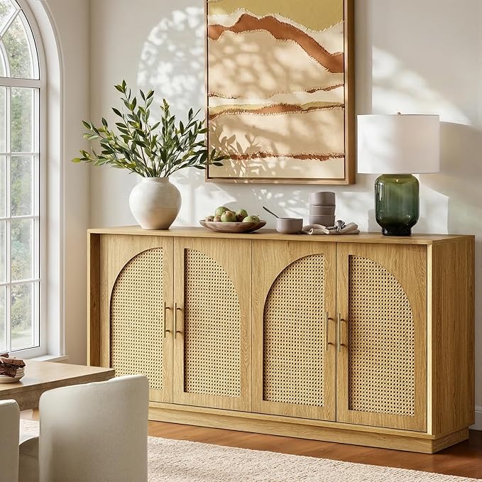 FORTUNETEC 63" Sideboard Buffet Cabinet with Storage, Modern Accent Cabinet with Rattan Arched Doors, Modular Media Console, Boho Credenza for Living Room Kitchen Dining Room Entryway, Oak