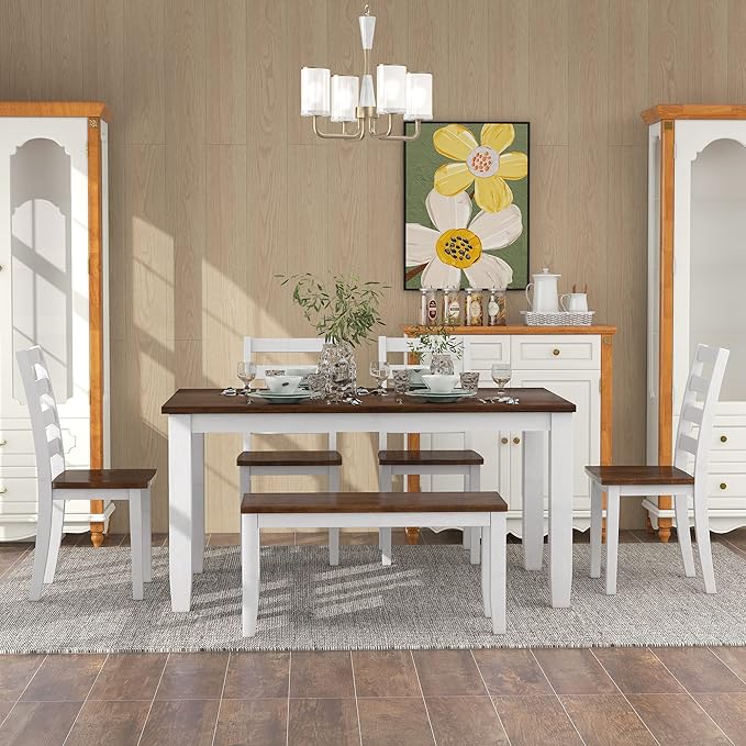 Harper & Bright Designs Rustic Style 6-Piece Dining Room Table Set with 4 Ergonomic Designed Chairs & a Bench (Walnut + Cottage White)
