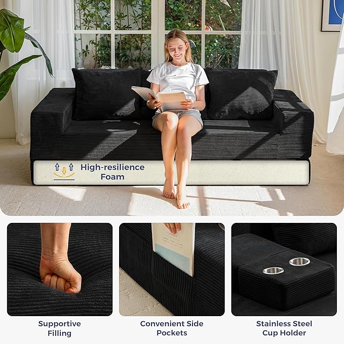 MAXYOYO Convertible Sofa Bed, 80" Oversized Boneless Loveseat Couch 4 in 1 Foldable Floor Sofa Couch in A Box with 2 Cup Holders, Folding Sleeper Chair for Living Room, No Assembly Required, Black
