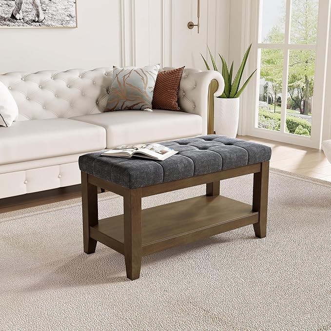 ABHENG Solid Rubber Wood Shoe Bench, Soft Chenille Material Upholstered Seat, 770LB Load Capacity, Multi-Storage for Entryway/Bedroom/Living Room, Vintage Style, 31.5"x15.7"x17.7", Dark Gray,UASND66G