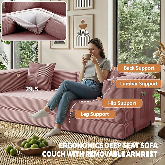 78.8" Convertible Sofa Bed with Armrest Pillow, 4-in-1 Sleeper Couch Bed for Livingroom, Modular Corduroy Boneless couches, No Assembly (Pink)