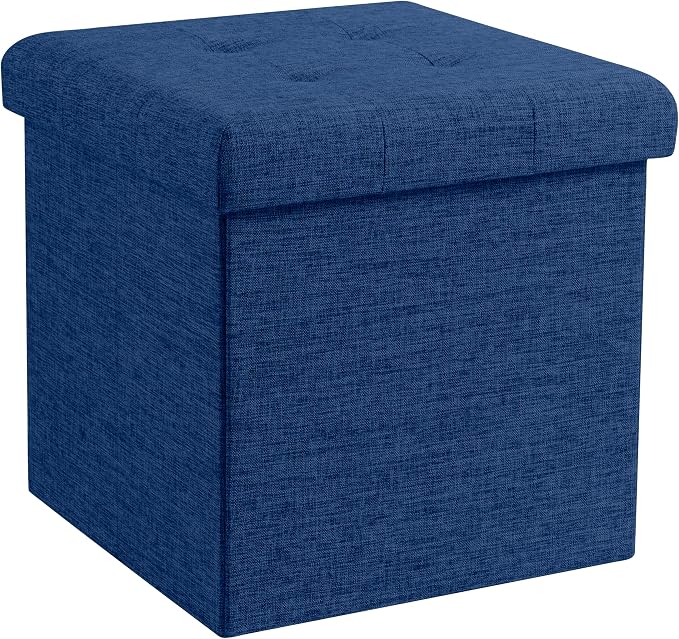 Ornavo Home Folding Storage Ottoman, 15 Inch Storage Cube with Lid, Foot Rest Stool for Bedroom, Living Room, Entryway, Tufted Linen Upholstered - Navy Blue