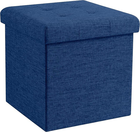 Ornavo Home Folding Storage Ottoman, 15 Inch Storage Cube with Lid, Foot Rest Stool for Bedroom, Living Room, Entryway, Tufted Linen Upholstered - Navy Blue