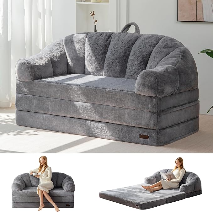 MAXYOYO Folding Sofa Bed, 2 in 1 Convertible Sofa to Lounger Comfy Loveseat Bean Bag Chair for Adults, Floor Sleeper Couch with Handle, Faux Fur Couch Bed for Living Room Bedroom, Grey, Loveseat