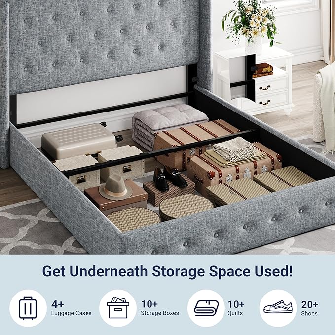 Allewie Full Size Lift Up Storage Bed, Button Tufted Headboard with Wingback, Hydraulic Support, No Box Spring Needed, Grey Blue