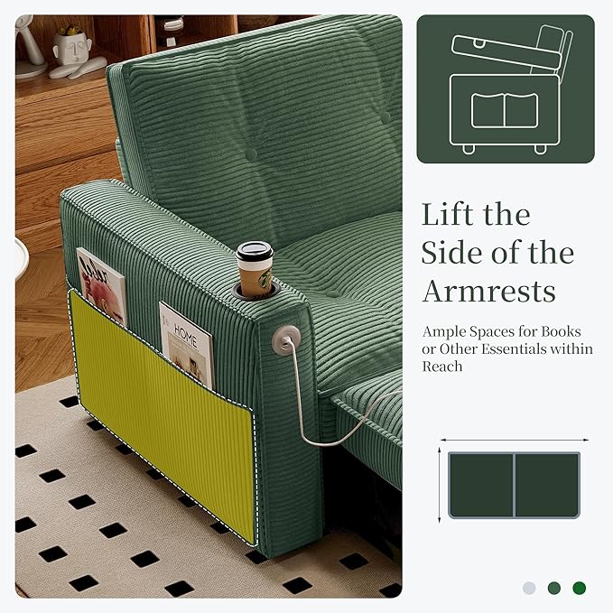 healthomse 73.2" Convertible Sofa Bed, 2-in-1 Multi-Functional Loveseat Sleeper, Modern Corduroy Couch with Side Pocket, for Living Rooms, Bedrooms, Apartments, Small Spaces (Green, 73.2inch)