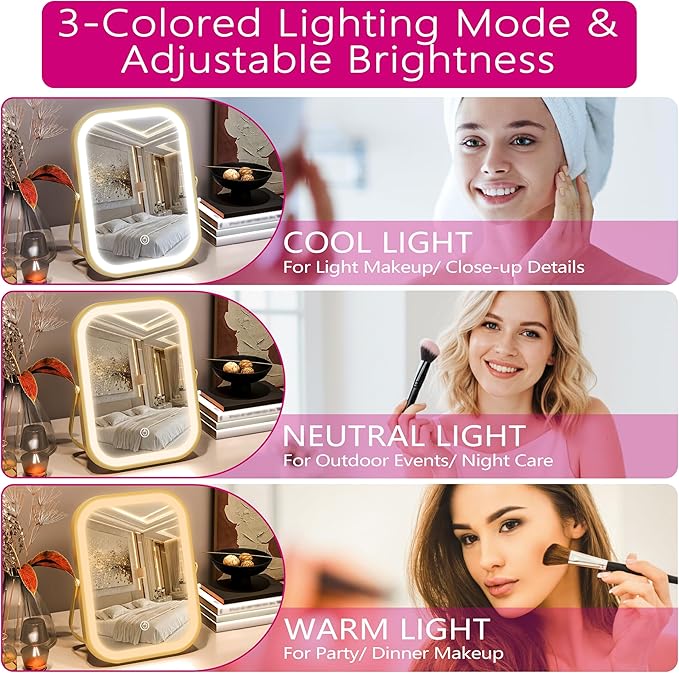 PRIMETEK Travel Makeup Mirror with Lights, Portable Small Beauty LED Vanity Mirror with Lights, 1200mAh Battery, Dimmable Touch Screen, Tabletop Folding Compact Mirror,Women Gift