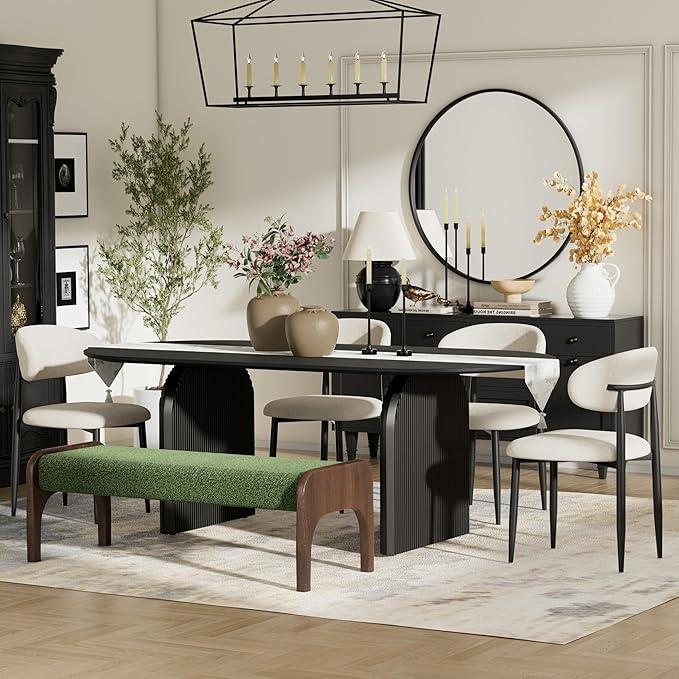 6-Piece Mid-Century Modern Dining Table Set, 63" Black Rectangular Table with 2 Dining Chairs & Bench, Dining & Kitchen Room Set for 6, Space-Saving Rustic Dining Set,Beige&Green