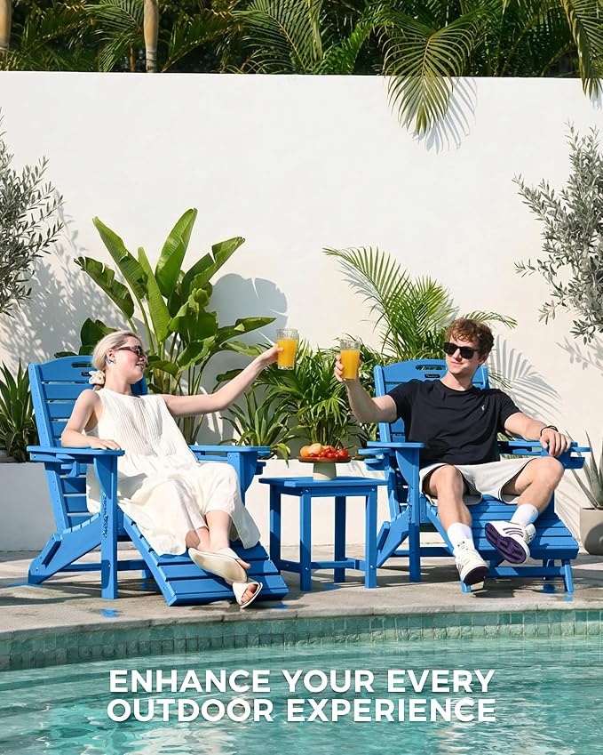 Adjustable Adirondack Chairs Set of 4 with Retractable Ottoman, HDPE Folding Adirondack Chair with Cup Holders, Weather Resistant for Backyard, Poolside & Fire Pit(Navy Blue)