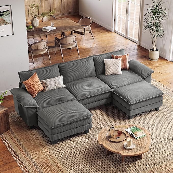 LINSY HOME 123" Modular U-Shaped Sectional Sofa, 3-Seat Corduroy Modern Cloud Couch with Deep Seat & 2 Movable Ottoman, Perfect for Living Room, Office, Bedroom, Grey