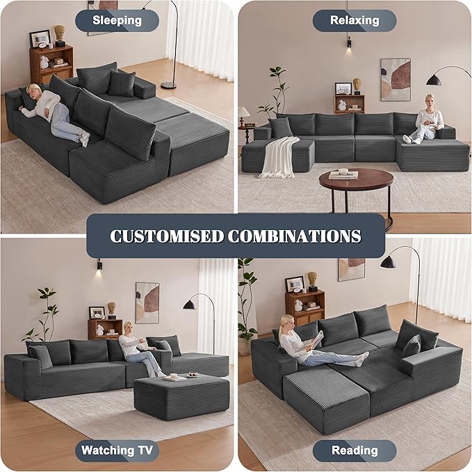 Mangodan 140” Cloud Sectional Couch, Boneless Sofa for Living Room, Modular Sectional Sofa with Deep Seat, Comfy Fluffy U-Shaped Couch with Right-Facing Chaise, No Assembly Required, Grey