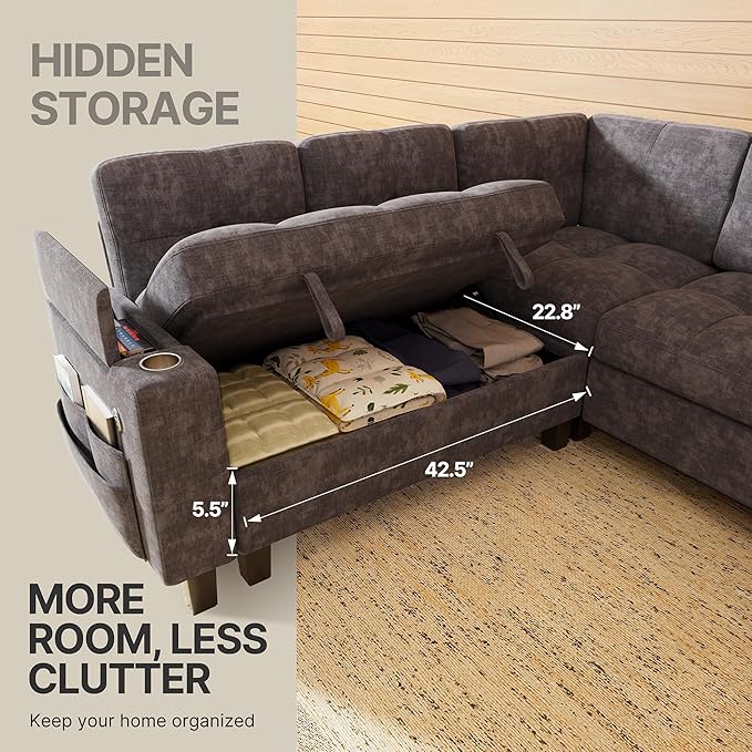 Marsail 84.6" Sectional Sleeper Sofa with Pull Out Bed, 5 Seat Modular Sectional Couch with Storage, USB & Cup Holders, Modern Chenille Cloud Sofa for Living Room, Light Gray