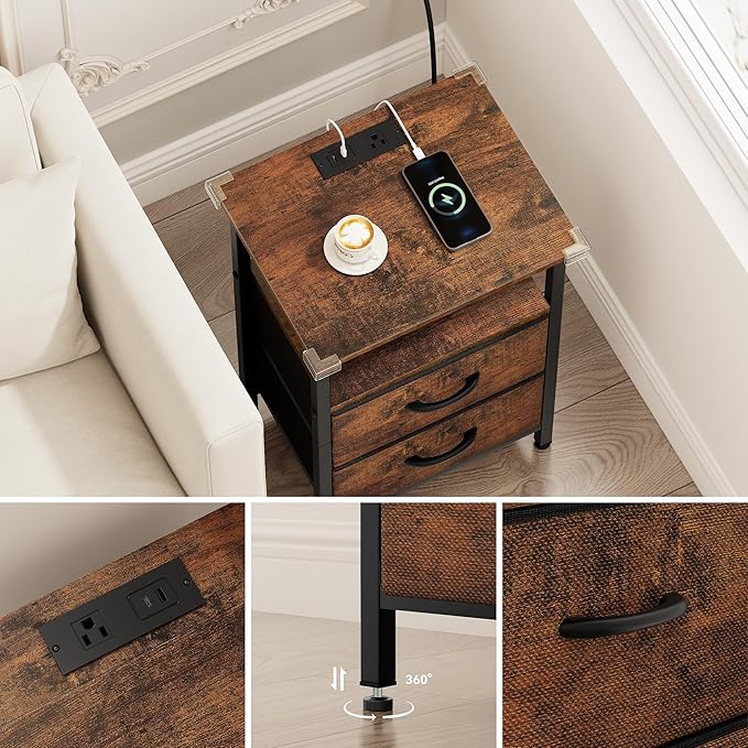 Vagusicc Nightstand Set of 2, Rustic Brown, with Charging Station and USB Ports, Bedside Table with 2 Fabric Drawers, 24.2" Tall Side Table with Storage Shelf,Small Night Stand for Bedroom/Living Room