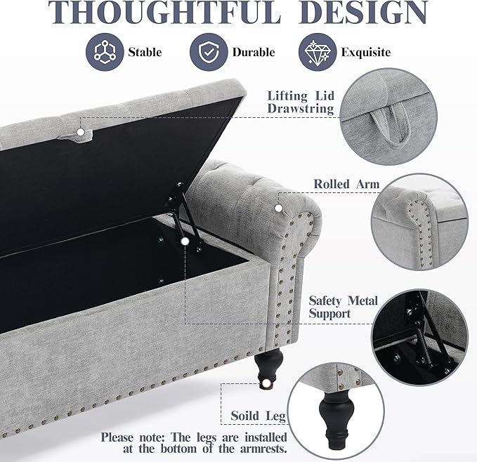51" Storage Ottoman Bench, End of Bed Bench for Bedroom, Window Benches for Foot of Bed, Chenille Upholstered Benches, Storage Ottomans for Living Room, Entryway, Light Gray