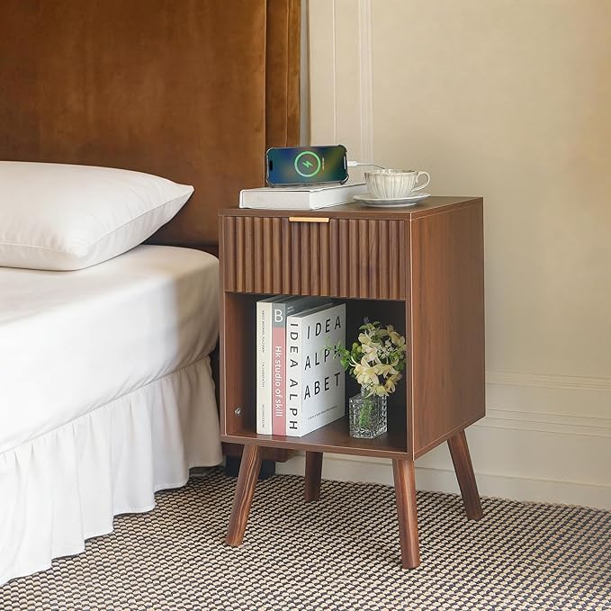 Fultyle Nightstand with Charging Station, Fluted Night Stand with USB and Type C Ports, Mid Century Modern Bedside Table with Drawer and Storage Shelf for Bedroom, Living Room, Office (Walnut Brown)