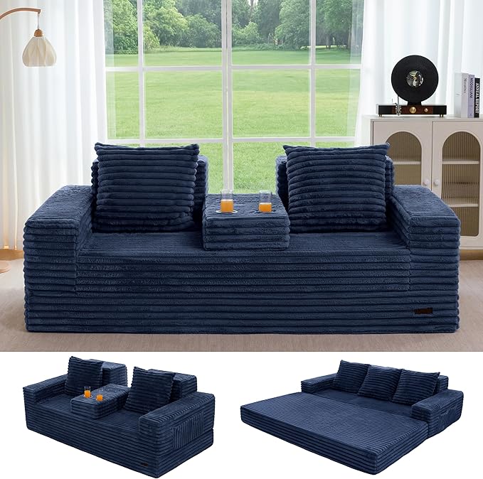 MAXYOYO Loveseat Sofa Bed, Striped Faux Fur Foldable Floor Sofa Couch in A Box, 4 in 1 Convertible Boneless Couch with 2 Cup Holders, Folding Recliner Sleeper Chair, No Assembly Required, Navy