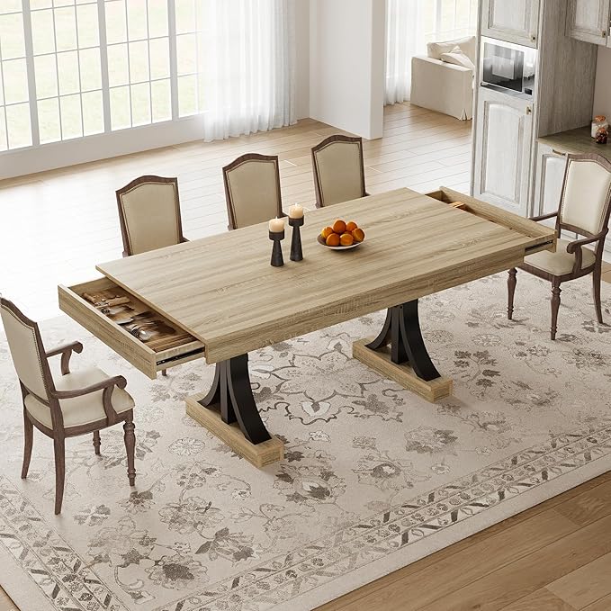 Garvee 71-Inch Dining Table with 2 Drawers,Rectangular Dining Table for 6-8 with Double Pedestal & Sturdy Frame, Industrial Wooden Kitchen Table with Large Tabletop, for Dinner, Natural