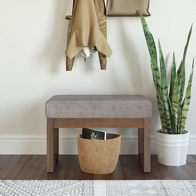 SIMPLIHOME Milltown Small Ottoman Bench - 27" Wide x 18" High Upholstered Vegan Leather Rectangle Footstool Ottoman in Distressed Grey Taupe, Contemporary Bench with Cushioned Seat, Assembled