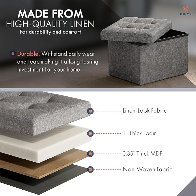 Ornavo Home Small Storage Ottoman, Set of 2, Foldable Collapsible Rectangle Linen Ottoman Foot Rest Stool Seat, for Living Room, Bedroom, Home Office, Dorm - 12 x 16 x 12, Dark Gray