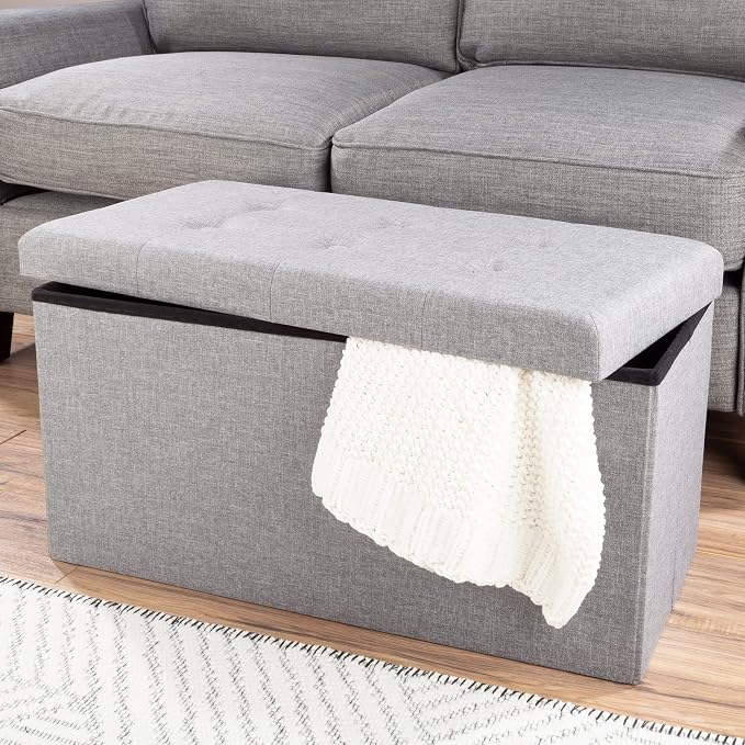 Lavish Home 30 Inch Collapsible Storage Ottoman Bench – Foldable Tufted Linen Bedroom Bench with Hidden Storage, Upholstered Footrest for End of Bed or Living Room (Light Gray)