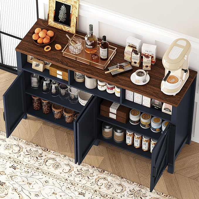knoworld Buffet Sideboard with Storage Farmhouse with 4 Doors, 55'' Large Kitchen Storage Cabinet Wood Coffee Bar Buffet Table for Kitchen, Dining Room (Blue, 55 in)