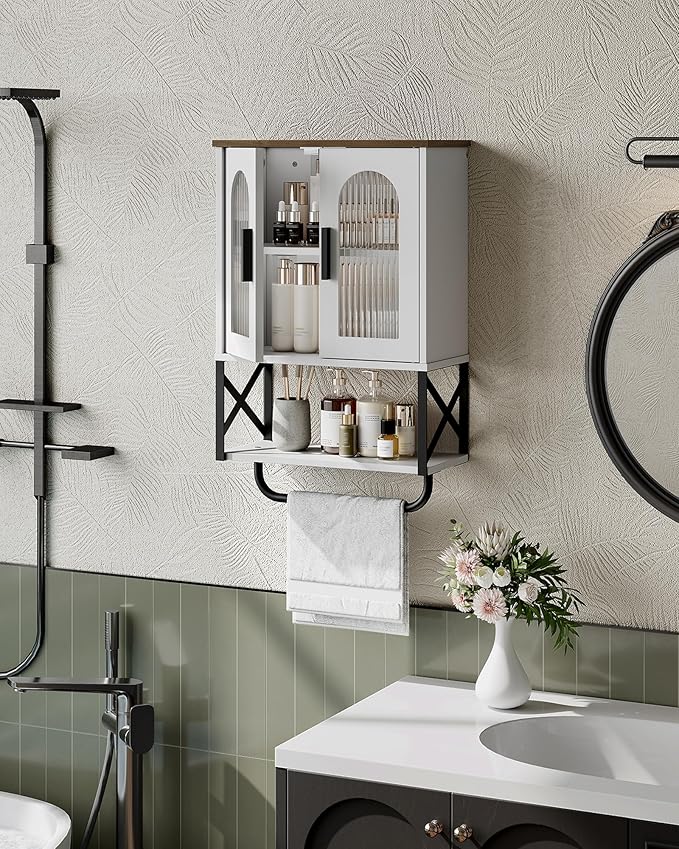 CHOEZON Bathroom Wall Cabinet, Medicine Cabinet with Adjustable Shelf and Towel Bar, Storage Cabinet Wall Mount with 2 Glass Doors, for Bathroom, Kitchen, Living Room, Dining Room, White and Walnut