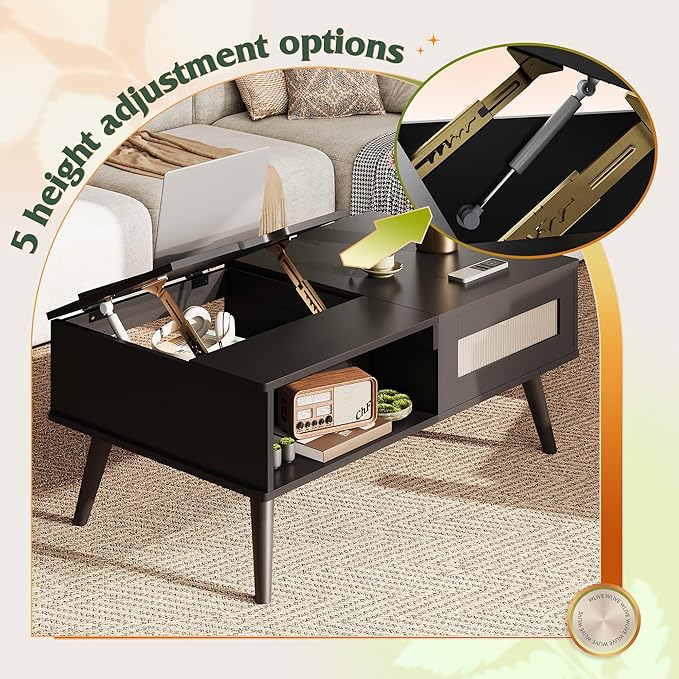 WLIVE Coffee Table, Lift Top Coffee Table with Storage Shelf, Drawer, Height Adjustable and Tilting Tabletop for Living Room, Mid Century Modern, Wood, Black