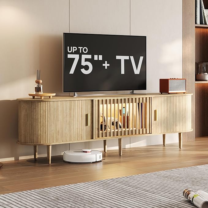 70" Fluted Mid Century Modern TV Stand for TVs Up to 75", Tambour Sliding Doors Entertainment Center with Storage&LED, Janpandi Curved Media&TV Console Long TV Stands for Living Room Bedroom, Oak