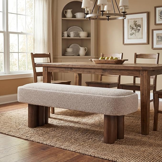 Merax 60.04'L Indoor Boucle Dining Bench with Walnut Color Legs, Upholstered Seating for Kitchen, Dining Room and Living Space,250lbs Capacity,Khaki