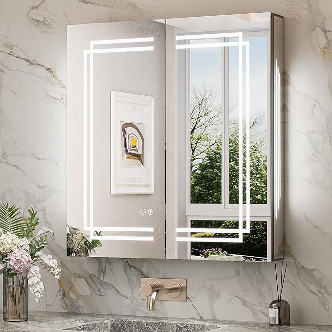 TokeShimi 30x32 Inch Lighted Medicine Cabinet, LED Medicine Cabinet with Lights, Wall-Mounted Bathroom Cabinet Mirror with 3 Color Temperature, Anti-Fog, CRI 80+, Memory Function, Tempered Glass
