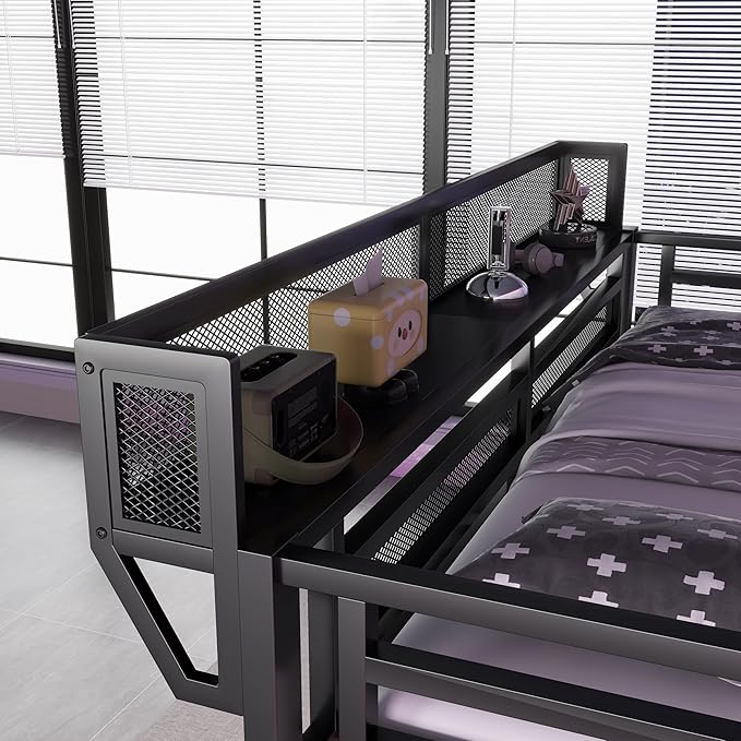 KEIKI Queen Size Metal Loft Bed Frame with Desk, Staircase, Built-in Storage Shelves and Wardrobe, Modern Loft Bed with Solid Slat, Guardrail, No Box Spring Required, Easy Assembly, for Bedroom, Black