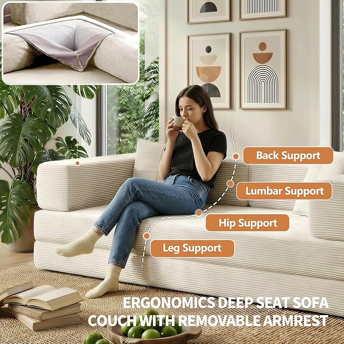 78.8" Convertible Sofa Bed with Armrest Pillow, 4-in-1 Sleeper Couch Bed for Livingroom, Modular Corduroy Boneless couches, No Assembly (Beige)