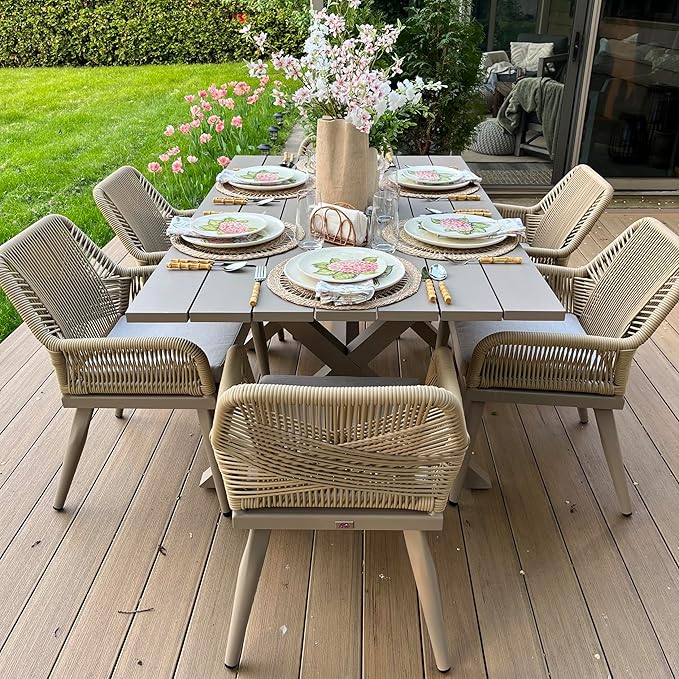 PURPLE LEAF 7 Pieces Outdoor Dining Set All-Weather PE Rattan Outdoor Patio Furniture Set with All Aluminum Frame Rectangular Table and Chairs Set for Lawn Garden Backyard Deck, Champagne