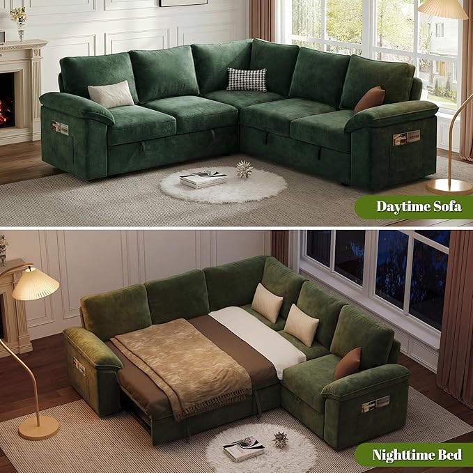 85 Inch Modular Sectional Sofa with Pull Out Bed, L Shaped 5 Seat Sectional Sleeper Sofa with Storage, Sectional Couches for Living Room, Cloud Modular Couch,Removable Sofa Cover,Green