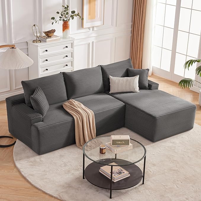 Mangodan Cloud Sectional Sofa, Boneless Couch for Living Room, Modular Sectional Sofa with Deep Seat, Fluffy L-Shaped Comfy Couch with Right-Facing Chaise, No Assembly Required, Grey