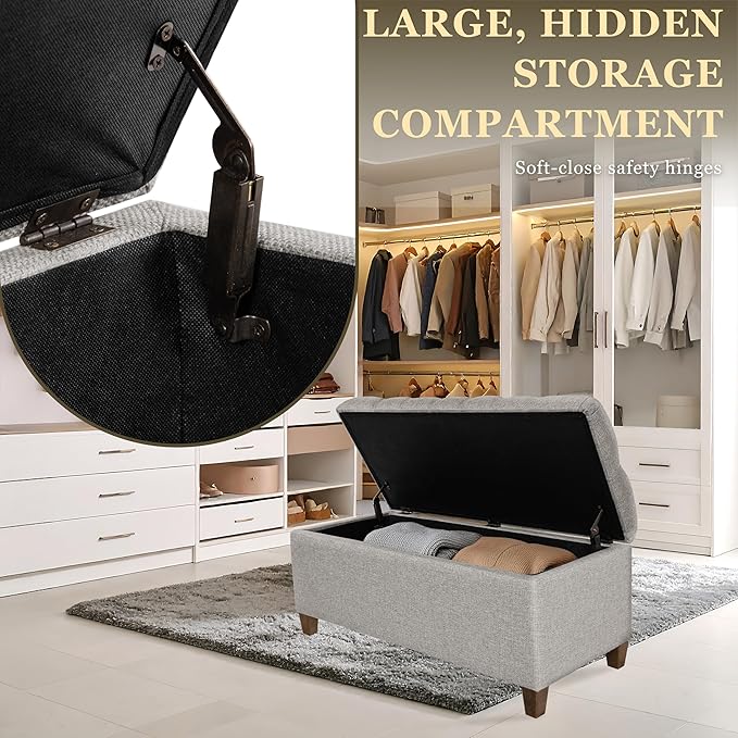 Homepop Home Decor Tufted Ainsley Button Storage Ottoman Bench with Hinged Lid Ottoman Bench with Storage for Living Room & Bedroom, Gray Fabric