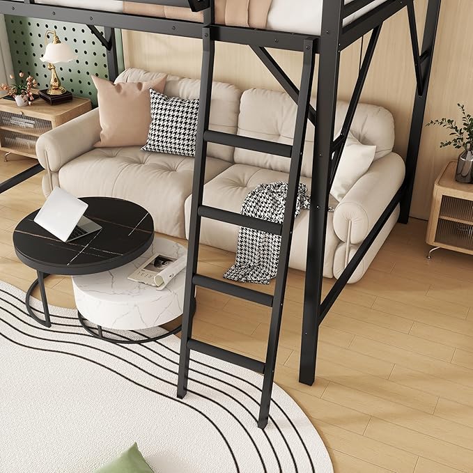 KEIKI Full Size Metal Loft Bed Frame with Ladder and Built-in Storage Shelves, for Teens, Modern Style Loft Bed with Solid Slats, Guardrail, No Box Spring Required, Easy Assembly, for Bedroom, Black