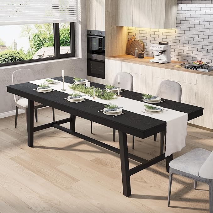 GarveeHome 63-83" Extendable Dining Table, Industrial Rectangular Dining Room Table for 6-8 People, Expandable Kitchen Table with Heavy Duty Metal Frame for Dining Room, Kitchen & Parties, Black