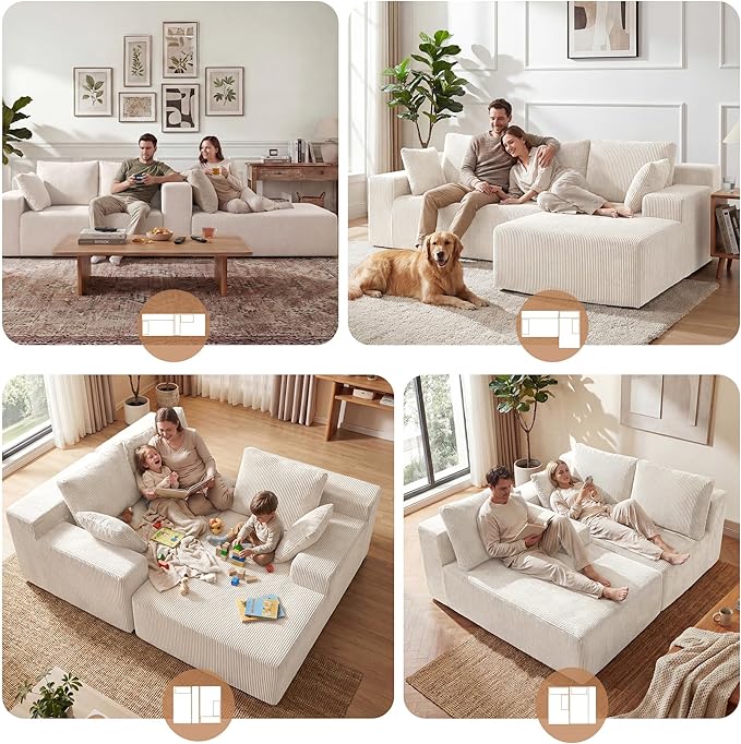 GRUSIGN Cloud Sectional Boneless Couches for Living Room, Modular L Shaped Couch with Deep Seat Oversized Right Facing Chaise, Memory Foam Compressed Spineless 3 Seater Sofa for Apartment, Beige