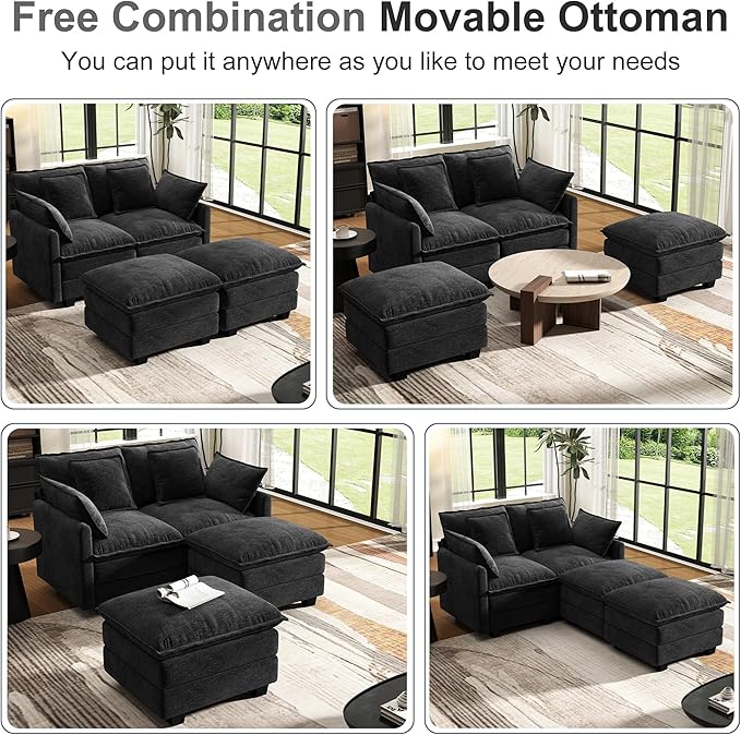 58" Cloud Couch Loveseat, Deep Seat Modular Sectional Sofa with 4 Removable Washable Pillows and 2 Ottoman for Living Room, Bedroom, Apartment, Black