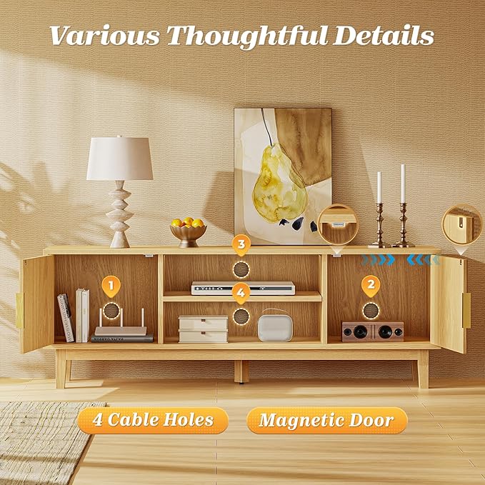 PRAISUN 54 Inch Fluted TV Stand for TVs Up to 55, 60 Inch, Mid Century Modern Entertainment Center with Storage, TV Console with Adjustable Shelves, Midea Console for Living Room Bedroom, Beige
