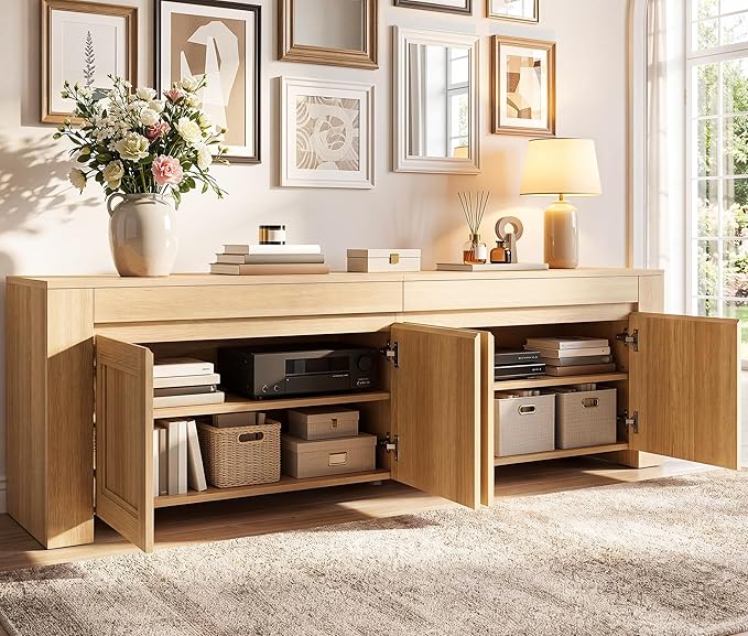 YITAHOME 70 inch TV Stand for up to 80 inch TVs, Farmhouse Entertainment Center with Storage Doors and Shelves, Media Console Table with Cable Holes for Living Room, Natural Oak