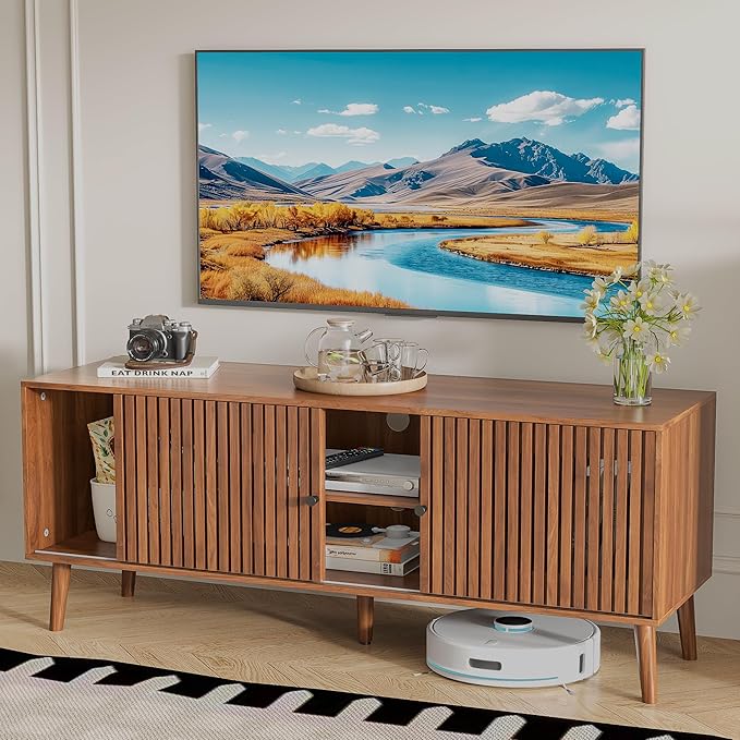 Oubayajia Mid Century Modern TV Stand for Televisions up to 60 Inches, with Sliding Doors and Storage, Television Stands, TV Consoles, Media Consoles for Living Room(Walnut-51.2inch)