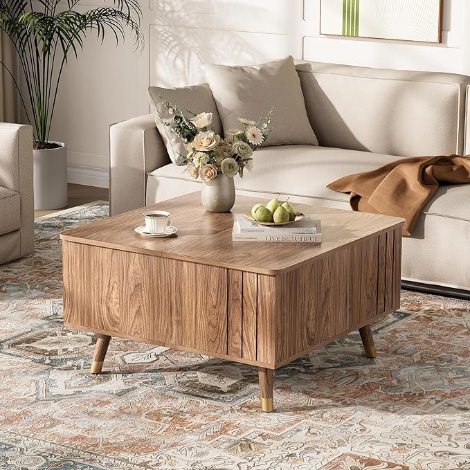 JOINICE 32" Square Lift Top Coffee Table with Storage,Mid Century Modern Walnut Center Table with Rising Desktop for Living Room, Brown Wood Finish