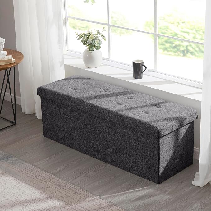 Ornavo Home Folding Storage Ottoman, 43 Inch Extra Large Storage Bench with Lid, Foot Rest Stool for Bedroom, Living Room, Entryway, Tufted Linen Upholstered - Dark Gray