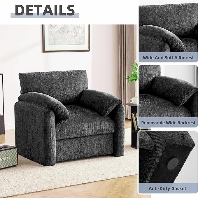 Howjoe Chenille Oversized Armchair, 38.6'" Wide Accent Chairs for Living Room & Bedroom Modern Lounge Chair, Upholstered Mid-Century Reading Chair (Darkgray, 1 Pack)